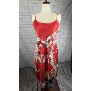 Natori Slip Nightgown Dress Satin Midi Red Asian Pattern Large Gold Adjustable